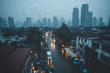 Rainy Night City Street View Through Rain Drops