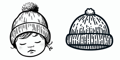 A baby wear Beanie hat. Minimal Cartoon Animal Clipart Silhouette Vector Line Art Illustration. Infant in knitted skull cap small child wearing warm head covering.