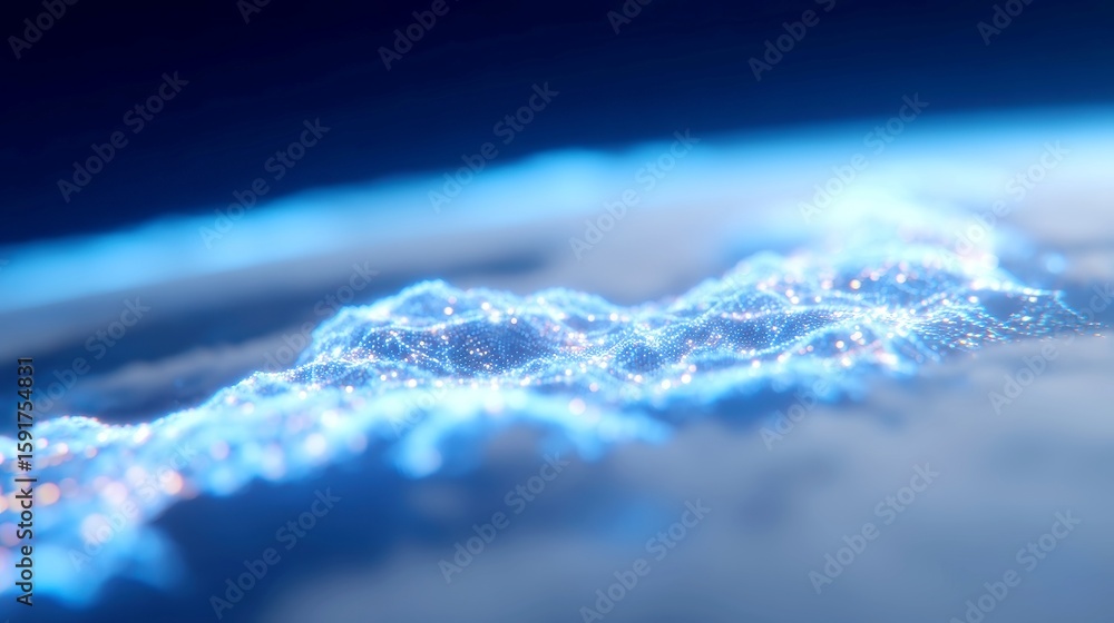 Poster digital network of servers, illuminated connections enveloping a stylized earth model, vibrant abstr