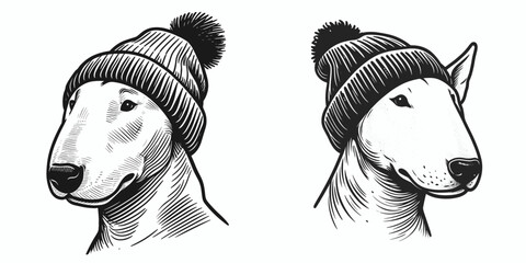 A Bull Terrier Dog wear Beanie hat. Minimal Cartoon Animal Clipart Silhouette Vector Line Art Illustration. Canine in cap bullie adorn cute headgear pet apparel theme.