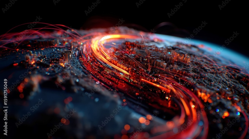 Poster digital globe in cyberspace, futuristic globe with glowing nodes and data lines, suspended in a vast