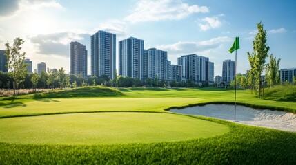 Fototapeta premium Lush green golf course putting green with sand bunker and cityscape background.