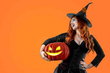 Witch on Halloween. Female wizard fairy character for All Saints' Day. Fantasy gothic red-haired...