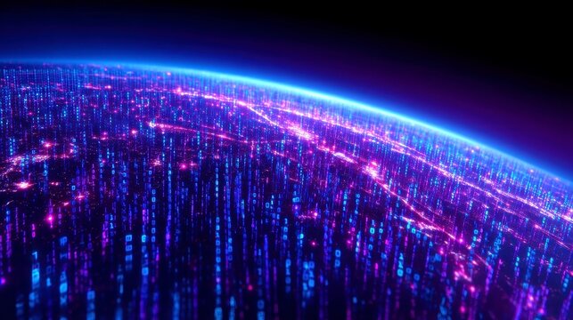 Digital Transformation Landscape, a sweeping vision showcasing the interconnectedness of industries through an Earth grid, cascading data codes, and vibrant global connectivity pulses