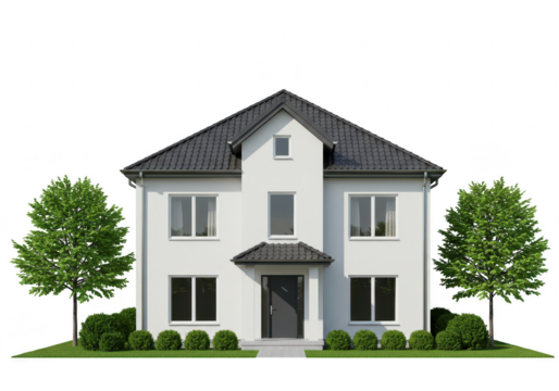 A modern twostory house with a dark roof, surrounded by manicured green bushes and trees, isolated on a transparent background