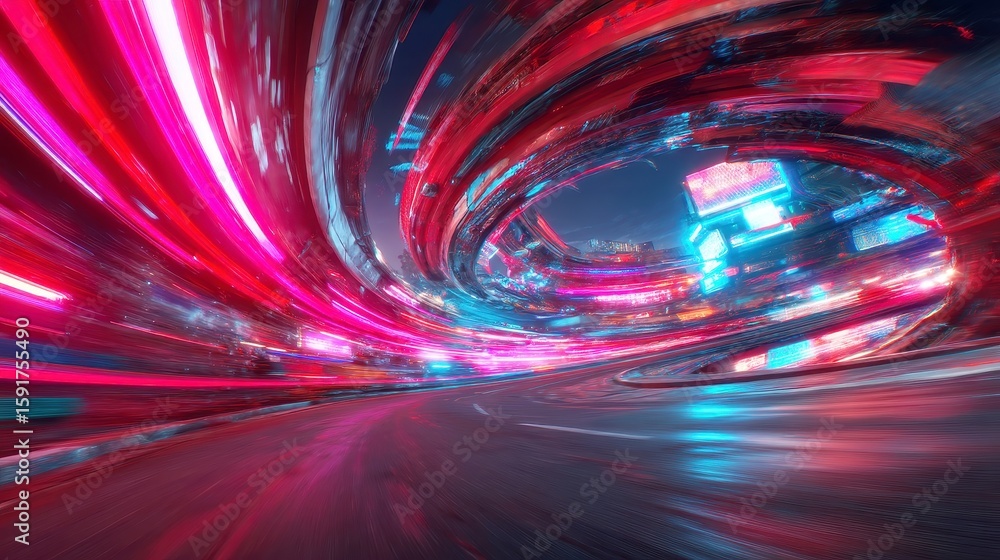 Poster neon data tunnels, vibrant streams of neon lines encircling a planet in a dynamic wide-screen format