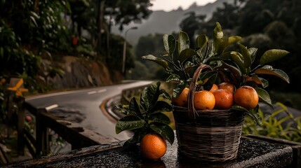 Rainy day market scene roadside fruit basket scenic nature close-up freshness and flavor