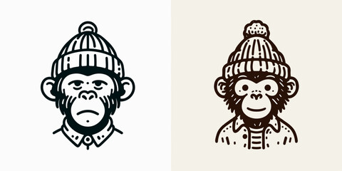 Obraz premium A Monkey wear Beanie hat. Minimal Cartoon Animal Clipart Silhouette Vector Line Art Illustration. Ape with knit head covering wool cap on primate headgear.