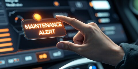 A hand touches a digital screen displaying a maintenance alert in a futuristic technological setting.