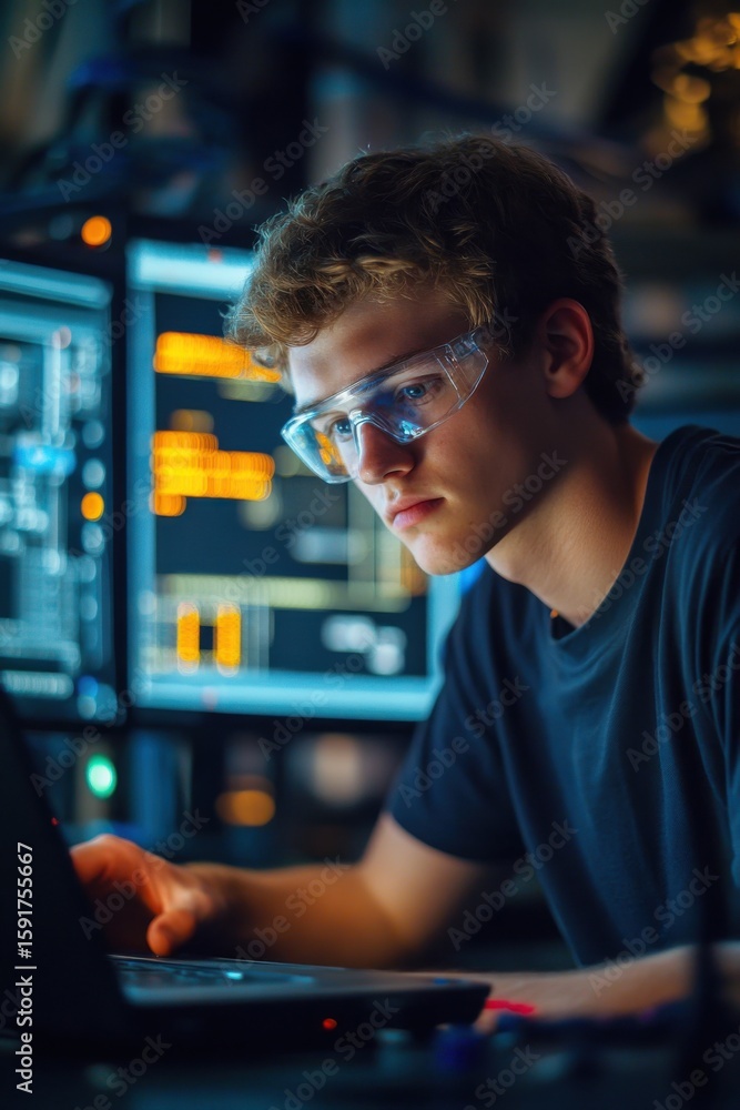Aufkleber young electronics technician programming software in a modern tech office environment