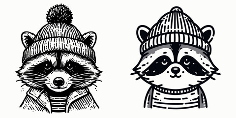 A Raccoon wear Beanie hat. Minimal Cartoon Animal Clipart Silhouette Vector Line Art Illustration. Critter in knit cap headgear on masked bandit with warm head covering.