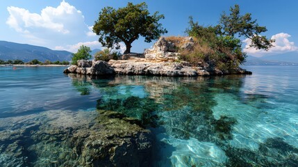Tranquil island escape mediterranean sea landscape photography serene waters aerial view nature's beauty