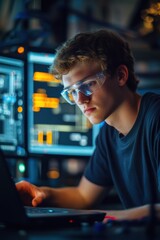 Young electronics technician programming software in a modern tech office environment