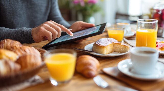 A person uses a tablet while having a breakfast with croissants, juice, and coffee on a wooden table.