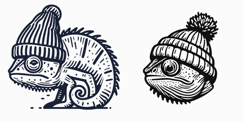 A Chameleon wear Beanie hat. Minimal Cartoon Animal Clipart Silhouette Vector Line Art Illustration. Lizard in knitted head covering reptile sporting warm winter headgear.