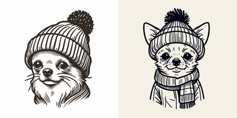 A Chihuahua Dog wear Beanie hat. Minimal Cartoon Animal Clipart Silhouette Vector Line Art Illustration. Small canine in knit head covering tiny pooch with warm winter apparel.