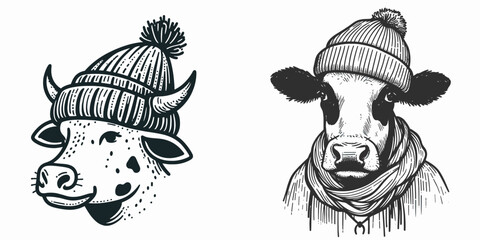A Cow wear Beanie hat. Minimal Cartoon Animal Clipart Silhouette Vector Line Art Illustration. Bovine in knit head covering farm sporting warm headgear.