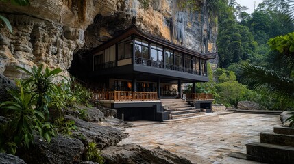 Modern architecture in nature cave setting luxury retreat serene environment wide view tranquility and design