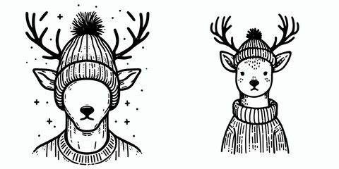 A Deer wear Beanie hat. Minimal Cartoon Animal Clipart Silhouette Vector Line Art Illustration. Woodland creature in knitted head covering cap for.