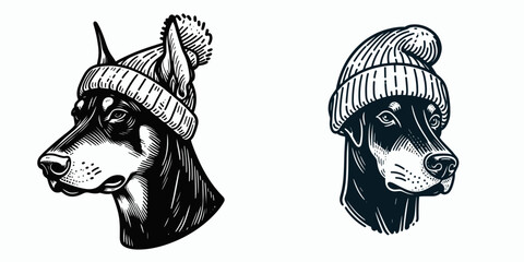 A Doberman Pinscher Dog wear Beanie hat. Minimal Cartoon Animal Clipart Silhouette Vector Line Art Illustration. canine in headgear warm knitted head covering for pooch.