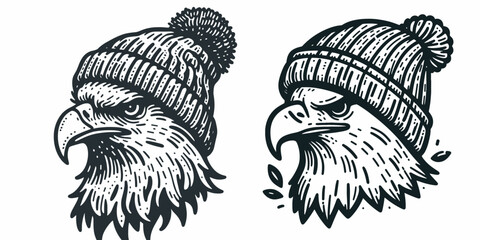 A Eagle wear Beanie hat. Minimal Cartoon Animal Clipart Silhouette Vector Line Art Illustration. Bird in knit head covering avian winter apparel headgear concept.