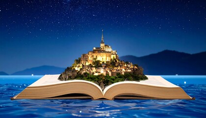 Open book revealing a nighttime island city