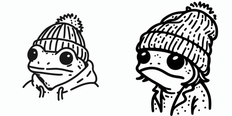 A Frog wear Beanie hat. Minimal Cartoon Animal Clipart Silhouette Vector Line Art Illustration. Amphibian with knitted head covering adorable cold weather attire.