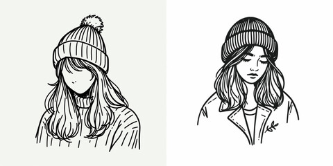 A girl wear Beanie hat. Minimal Cartoon Animal Clipart Silhouette Vector Line Art Illustration. Kid with headgear winter apparel casual head covering for female during chill.