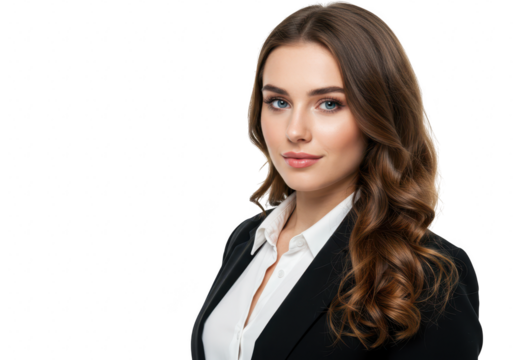 A confident businesswoman in a black blazer and white shirt, with long wavy brown hair, looking sideways, isolated on white isolated on transparent background