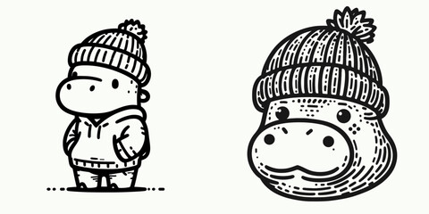 A Pygmy hippo wear Beanie hat. Minimal Cartoon Animal Clipart Silhouette Vector Line Art Illustration. dwarf river-horse don knitted head covering for cold.