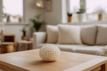 Elegant Pearl Ornament On Light Wooden Coffee Table In Cozy Living Room
