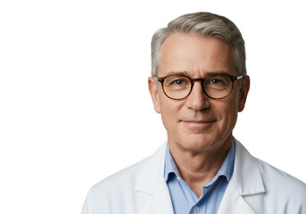 A confident, experienced senior doctor wearing glasses and a white lab coat smiles warmly, isolated on a transparent background