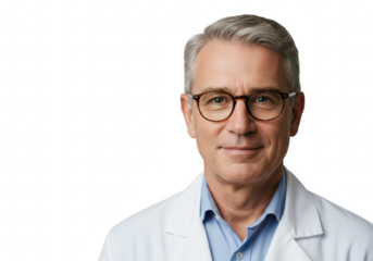 A confident, experienced senior doctor wearing glasses and a white lab coat smiles warmly, isolated on a transparent background
