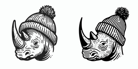 A Rhino wear Beanie hat. Minimal Cartoon Animal Clipart Silhouette Vector Line Art Illustration. Large mammal with knitted head covering warm headgear apparel.