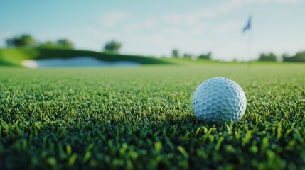 Golf ball on green putting surface near the hole with sand trap and flag in background.