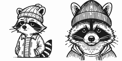 A Raccoon wear Beanie hat. Minimal Cartoon Animal Clipart Silhouette Vector Line Art Illustration. Wild mammal in wool headgear cute wildlife with winter headwear.
