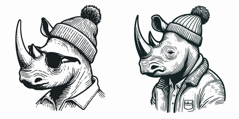 A Rhino wear Beanie hat. Minimal Cartoon Animal Clipart Silhouette Vector Line Art Illustration. Big with head covering knitted headgear for warm winter costume.