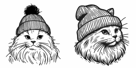 A Ragdoll Cat wear Beanie hat. Minimal Cartoon Animal Clipart Silhouette Vector Line Art Illustration. Feline with beanie fluffy wearing knit head covering pet in warm apparel.