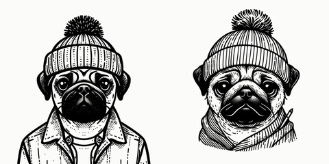 A Pug Dog wear Beanie hat. Minimal Cartoon Animal Clipart Silhouette Vector Line Art Illustration. Canine in headgear comical cute puppy with winter head covering.