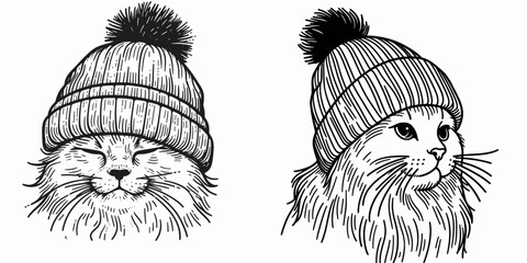 A Ragdoll Cat wear Beanie hat. Minimal Cartoon Animal Clipart Silhouette Vector Line Art Illustration. Fluffy rag doll feline in knit head covering cool domestic look.