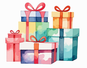 Stack of gifts, watercolor clipart illustration with isolated background.