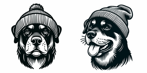 A Rottweiler Dog wear Beanie hat. Minimal Cartoon Animal Clipart Silhouette Vector Line Art Illustration. Canine in head covering with knitted winter cap.