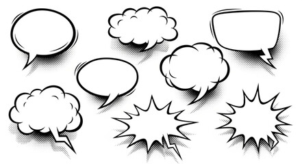 Illustration of seven comic style speech bubbles with halftone shading on a white background design
