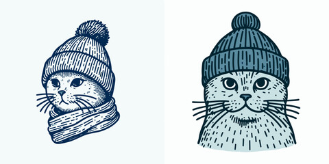 A Russian Blue Cat wear Beanie hat. Minimal Cartoon Animal Clipart Silhouette Vector Line Art Illustration. gray feline with cozy head covering winter attire.