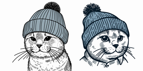 A Russian Blue Cat wear Beanie hat. Minimal Cartoon Animal Clipart Silhouette Vector Line Art Illustration. Gray feline with knitted head covering cute wearing headgear.