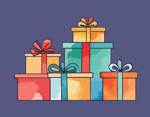 Stack of gifts, watercolor clipart illustration with isolated background.