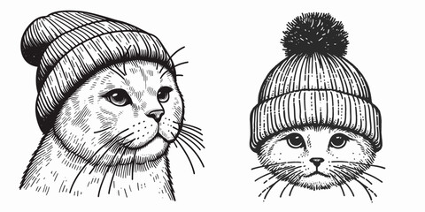 A Scottish Fold Cat wear Beanie hat. Minimal Cartoon Animal Clipart Silhouette Vector Line Art Illustration. Feline in headgear flop-eared kitten dons knitted skullcap warm head covering.