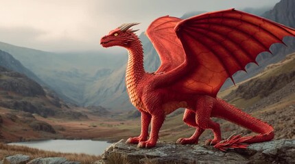Welsh red dragon with spread wings and glowing eyes standing majestically in mountainous landscape for st davids day celebration
