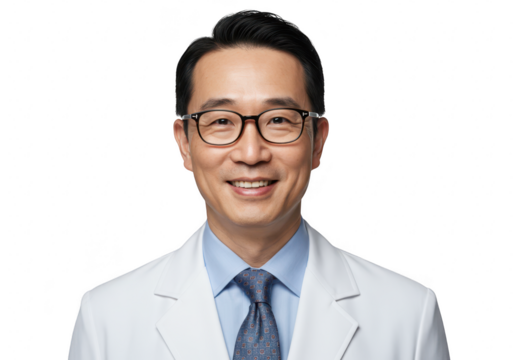 A smiling asian doctor in a white coat and glasses exudes confidence and professionalism, isolated on a transparent background
