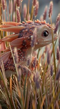 Adorable baby dragon walking through tall grass in vibrant sunlight with whimsical fantasy atmosphere and detailed scales